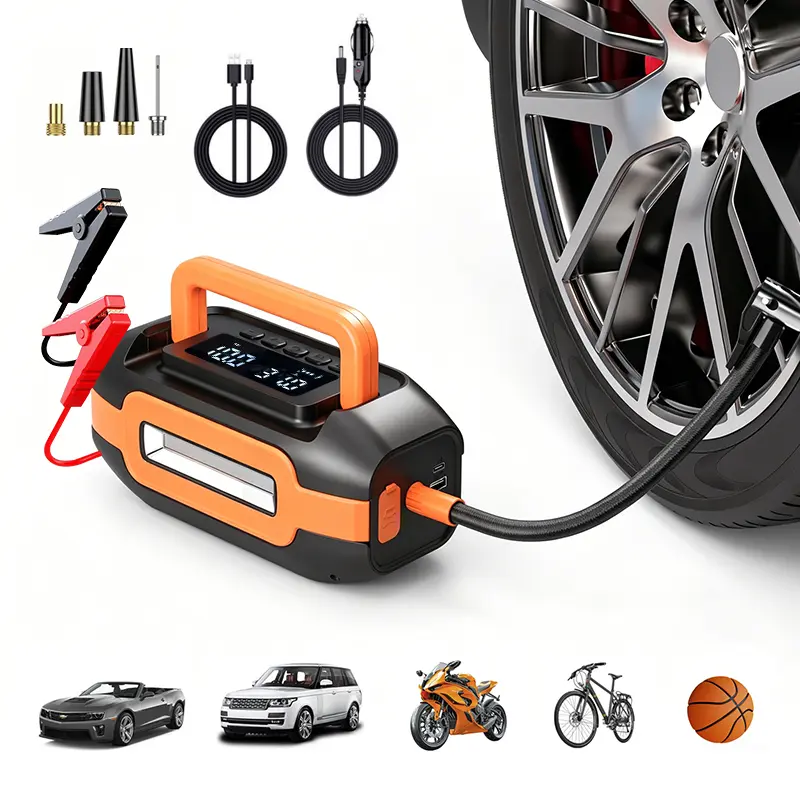 Portable Car Jump Starter with Tire Inflator Air Compressor, Digital Pressure Gauge, Auto Shut-Off, LED Light & Power Bank for SUV, Motorcycle
