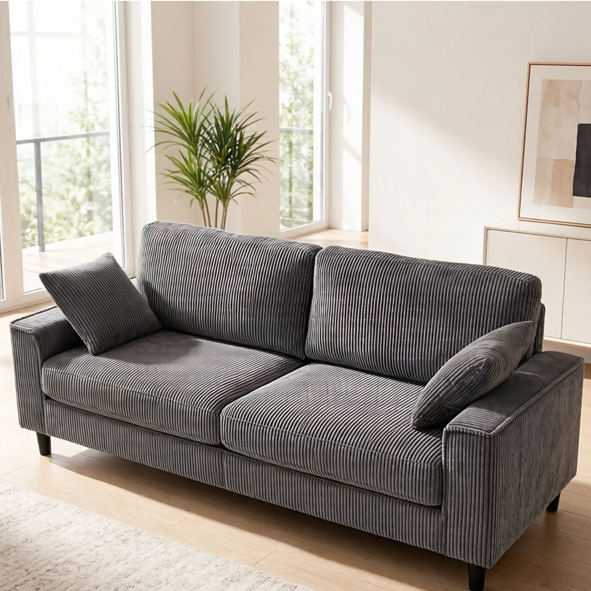 81.8" Gray Corduroy Loveseat Sofa,Small Apartment Couch with 2 Back Cushion and 2 Throw Pillows,Modern Loveseat Sofa with Square Armrests for Living Room, Apartment