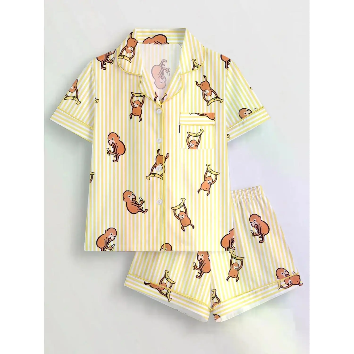 Women's Cartoon Monkey Print Pajama Set - Short Sleeve Button-Up Shirt & Elastic Waist Shorts - Casual & Comfortable Sleepwear for Home