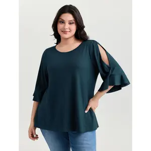 BLOOMCHIC Women's Plus Size Casual Spandex Fabric T-Shirt - Supersoft, Ruffled Sleeve, Plain, Flattering Fit Top for Ladies, M-6X Sizes, 2026 Summer Turn-Up, Mother's Day Pick
