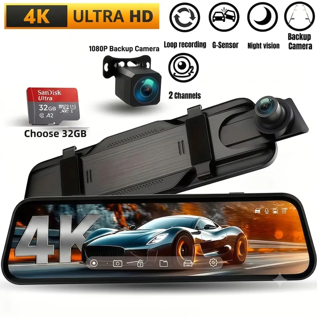 4K Car Dash Camera, 10" Rear View Mirror Camera, Full Touch Screen, Night Vision, 1080P Backup Camera, Loop Recording, 24H Parking Mode, +32GB, Car Accessories, Fits Cars & Pickups, Perfect Gift