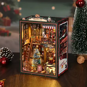 3D Wooden Puzzle Book Nook Kit: Christmas Store DIY Miniature House Model with LED Lights - Festive Bookend Building Set, Creative Christmas Gift for Adults