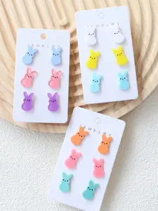 6pcs Colorful Acrylic Easter Bunny Stud Earrings, Cute Contrast Color Egg Rabbit Design, Women Daily Wear, Festive Statement Earrings Set