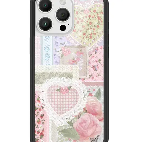 Wildflower Cases Vintage Custom Durable Handheld Cellphone Case for iPhone, Limited Edition Frilly Floral, Raised Black Protective Bumper, Light Pink/Red Roses, White Lace Patchwork, Pink-Purple-Green Background, Women's Owned Small Business, Gift for Her