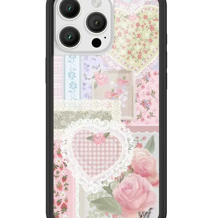 Wildflower Cases Vintage Custom Durable Handheld Cellphone Case for iPhone, Limited Edition Frilly Floral, Raised Black Protective Bumper, Light Pink/Red Roses, White Lace Patchwork, Pink-Purple-Green Background, Women's Owned Small Business, Gift for Her