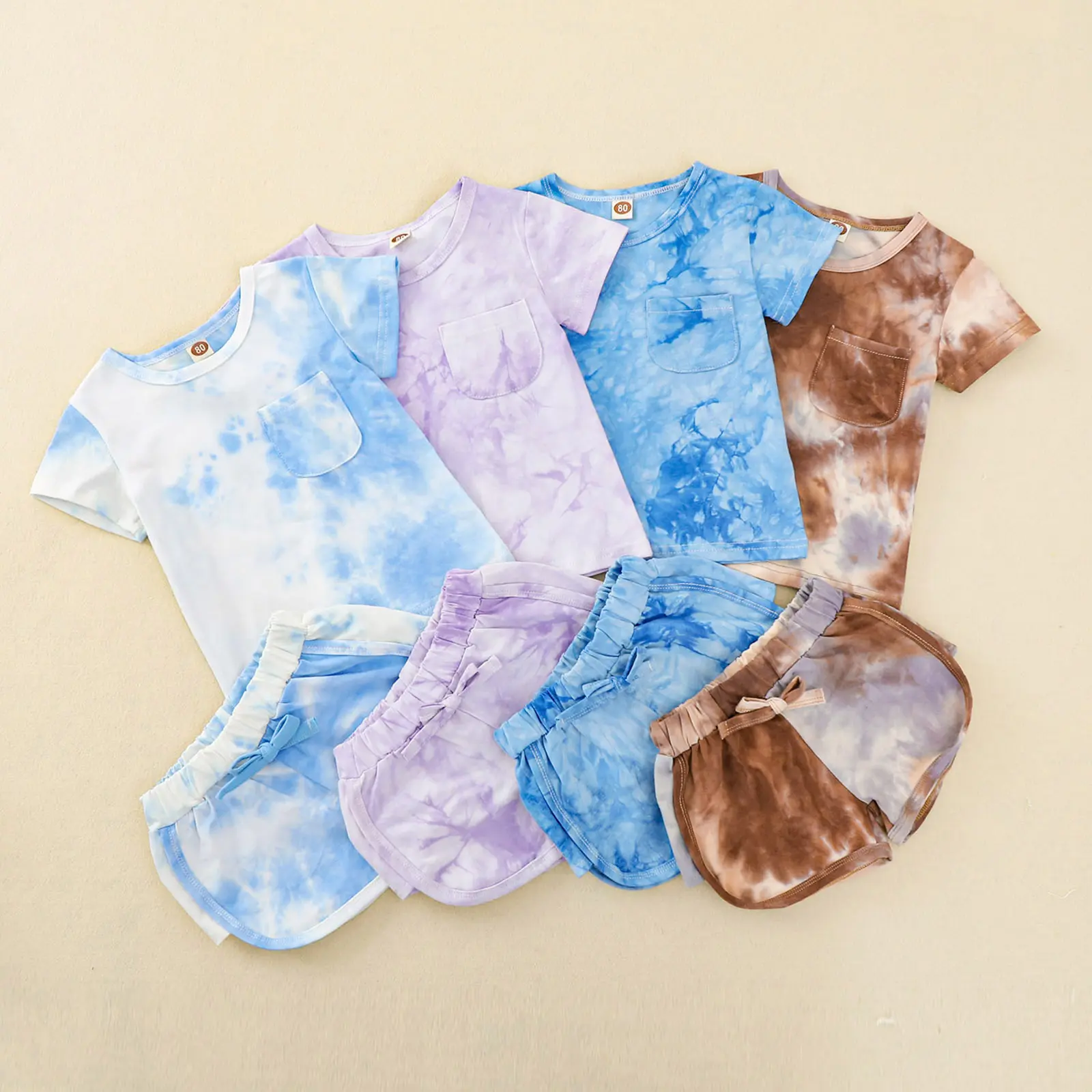 Girls Summer Tie-Dye Outfits Elastic Drawstring T-Shirt Crop Top and Elastic Waist Shorts Set with Side Pockets
