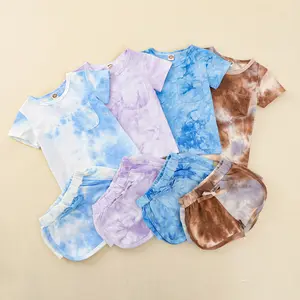 Girls Summer Tie-Dye Outfits Elastic Drawstring T-Shirt Crop Top and Elastic Waist Shorts Set with Side Pockets
