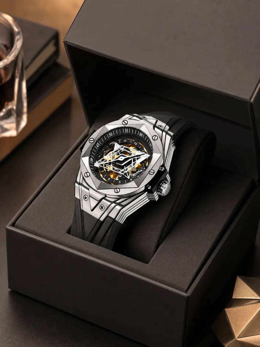 Luxury Mechanical Geometric Skeleton Dial Watch with Durable Silicone Band and Water Resistant Function for Sophisticated Men and Trendsetters
