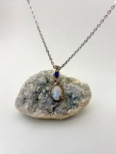 Wire Wrapped Moonstone Gemstone with Opal Accent Necklace, Sterling Silver Wire