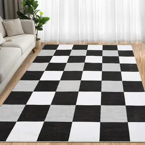 【GARVEE】Modern Checkered Plaid Area Rug 8x10 - Non-Slip, Machine Washable, Non-Shedding, Foldable Low Pile Geometric Floor Carpet for Living Room, Bedroom, Nursery in Black