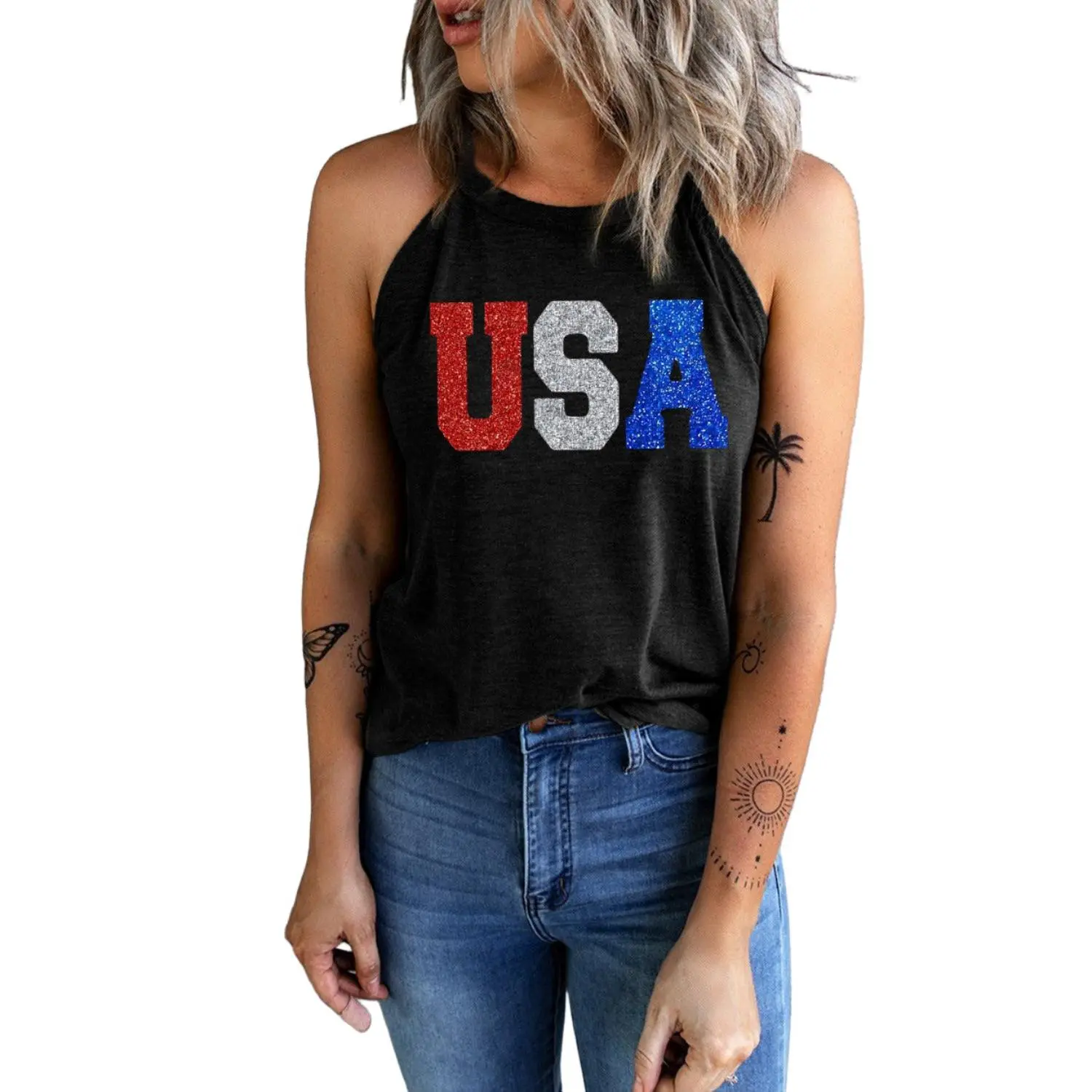 Black Sequin USA Letter Graphic Tank Top
