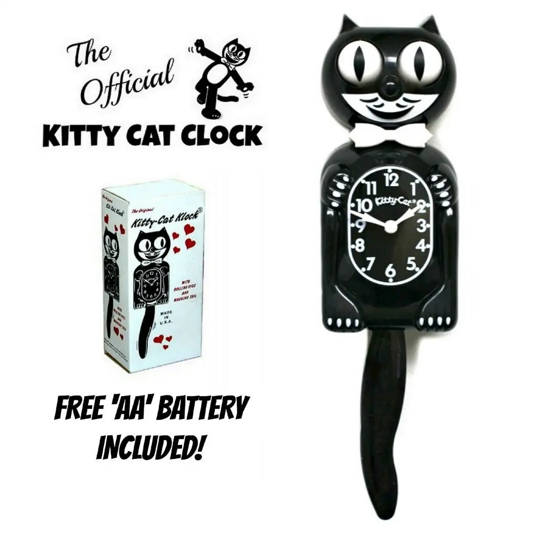 Brand New Black Kit-Cat Klock - 3/4 Size 12.75in Tall Creative Decorative Clock, Modern Plastic Home Decor, Quartz Drive Kitty Pendulum Clock with Wagging Tail & Moving Eyes, Includes 1 AA Battery, 1-Year Warranty, Made in USA