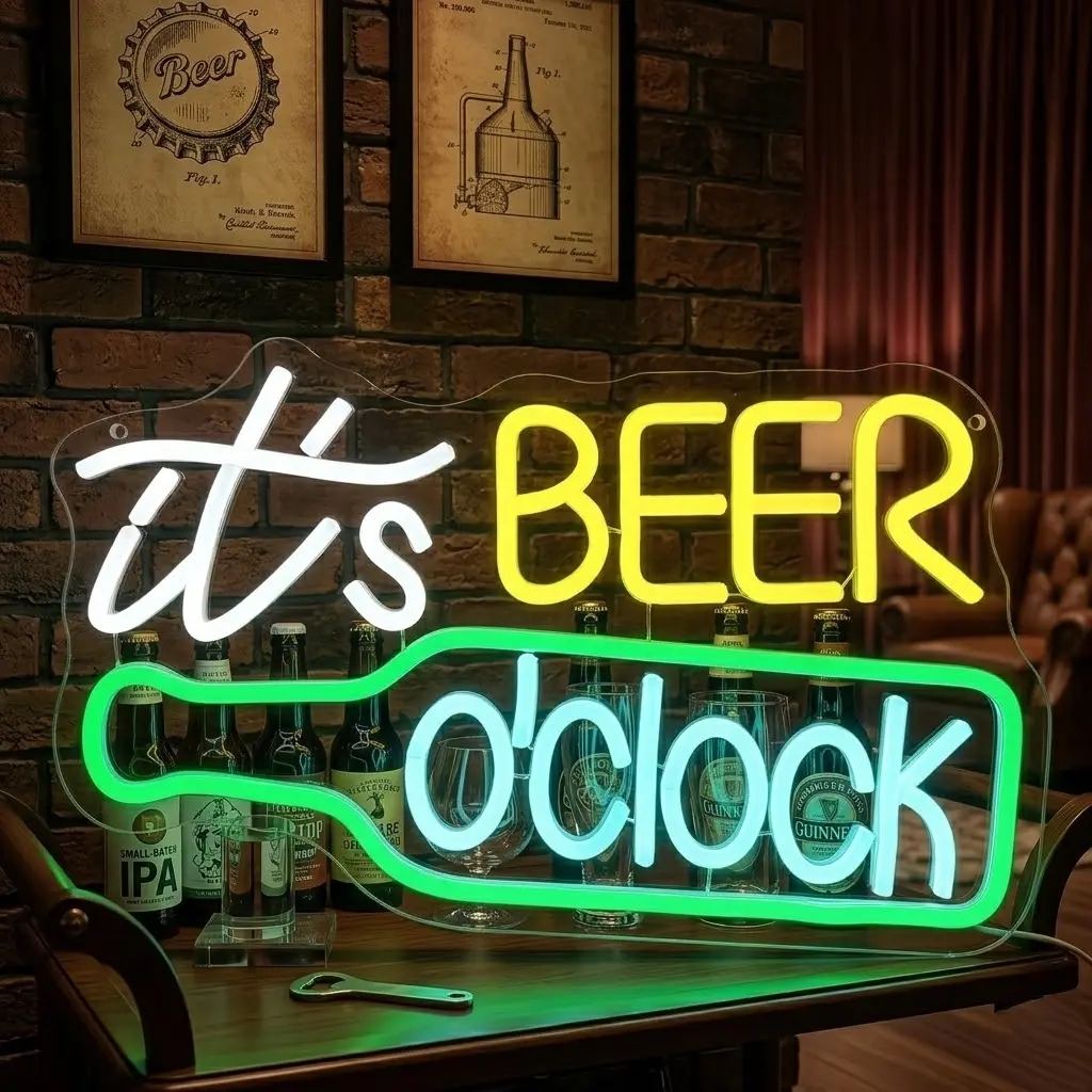 It's Beer O'Clock LED Neon Sign, Bar Sign for Home Pub Wall Decor, Man Cave Party Room Aesthetic Light Up Signs, USB Powered Beer Neon Lights for Wall Decor