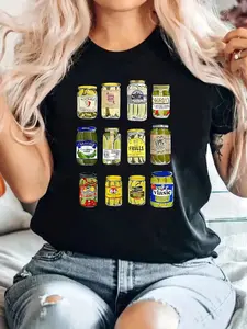 Vintage Canned Pickles Canning Season Pickle Jar Lovers T-Shirt Print Cotton Women T Shirt, Short Sleeve Round Neck Casual Top For Summer & Spring, Women's Clothing