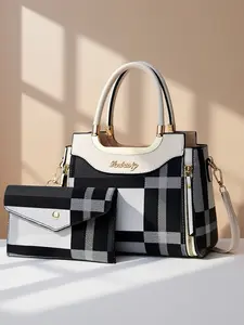 Ladies' printed design checkered striped handbag, PU Leather Handbag, women's bag set, two-piece set, versatile and fashionable for commuting, contrasting color design, large capacity interior space, perfect for daily use of handbags and hand-held bags