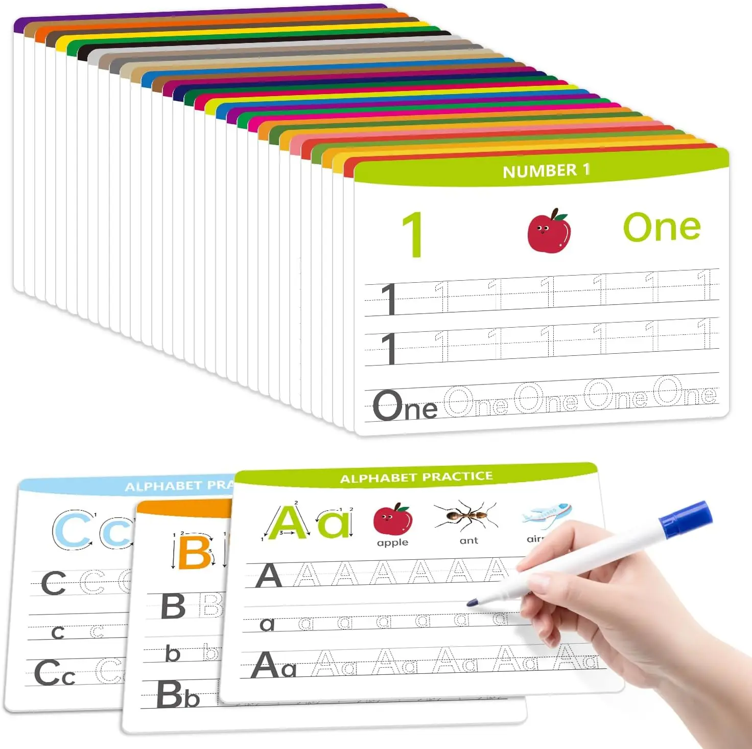 Dry Erase Alphabet & Number Practice Boards - 18 Sheets (36 Pages), 11x8.5 in Durable Lightweight Homeschool Educational Tool for Kindergarten Students (Marker Not Included)