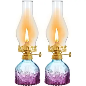 2 Pcs Vintage Large Purple Glass Kerosene Oil Lamps Classic Decorative Hurricane Lantern for Indoor Home Tabletop Emergency Lighting