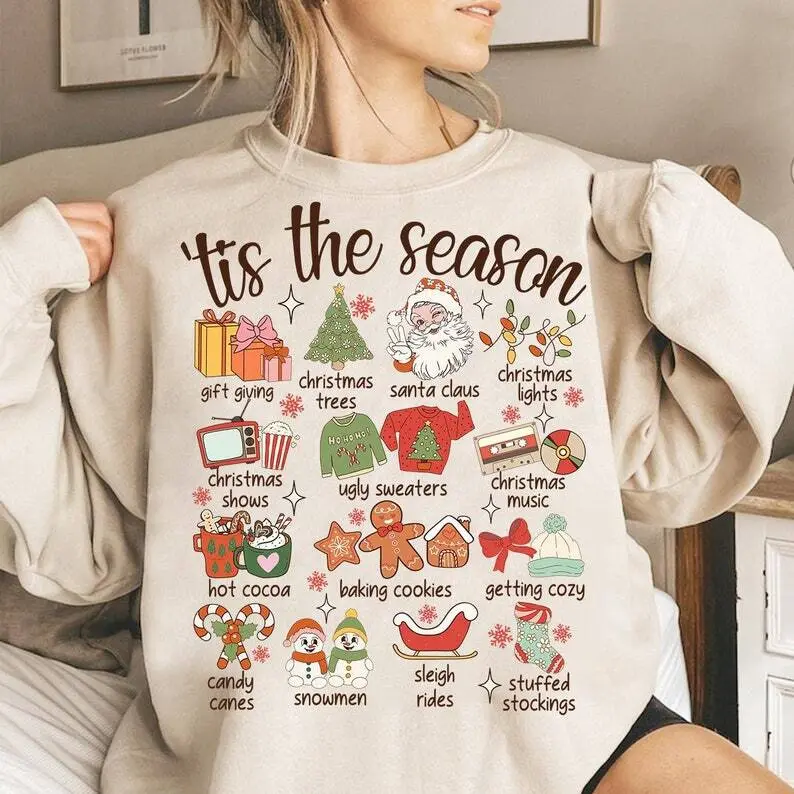 Retro Christmas PNG, 'Tis The Season PNG, Merry Christmas PNG, Groovy Christmas Sublimation, Clipart, Elements, Santa, Tree, Cocoa, Cookies