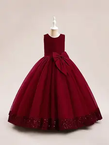 Girls' luxurious sequin-trimmed ball gown, princess dress with large bow and tulle, suitable for girls aged 3-14, daily wear, weddings, birthdays, beauty pageants, photography, and other important occasions as formal party dresses