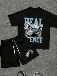 Men's BlackT-Shirt & Shorts Set, Hip Hop Dollar Stack Graphic Print Streetwear 2 Piece Outfit Casual T-Shirt And Drawstring Waist Shorts Set Y2K Style Fashion Pattern Oversized Casual Streetwear Outfit, Summer Daily Wear
