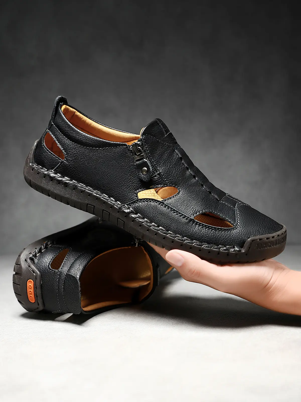 Men’s breathable leather casual sandals — comfortable walking shoes with adjustable zippers; outdoor shoes suitable for all-day wear; sturdy leather sandals that are breathable, protective, and durable, with a relaxed fit—breathable summer casual walking