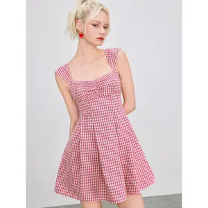 Cider [size 0-10] Sweetheart Gingham Bowknot Pleated Ruffle Hem Mini Dress