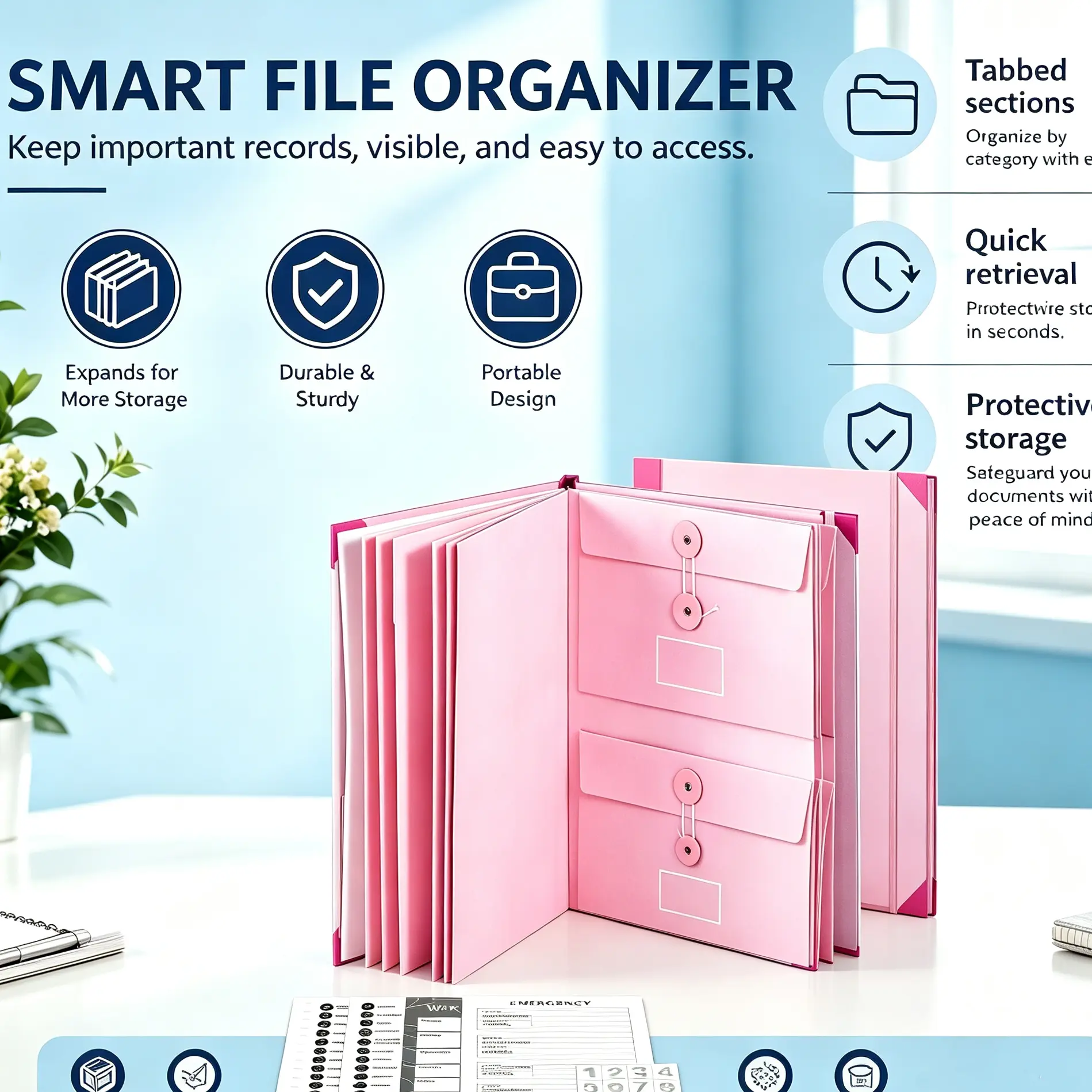 Personal Important Document Keeper Blue Accordion Binder with Classification Labels