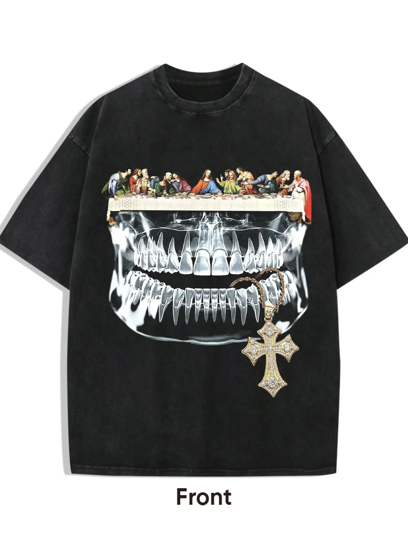 1 PCS Vintage Washed Oversized Short Sleeve T-Shirt, The Last Supper Skull Diamond Cross Necklace Graphic Print Tee, Unisex Gothic Retro Casual Streetwear Top for Men Women Daily Outfit