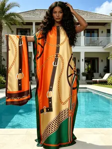 1 Robe+1 Scarf 2-piece Orange Yellow Contrasting Retro Equestrian Chain Printed Robe Dress Set Large Ship Collar Loose Flesh Covering Long Dress+Scarf Light Luxury Celebrity Vacation Style Long Dress