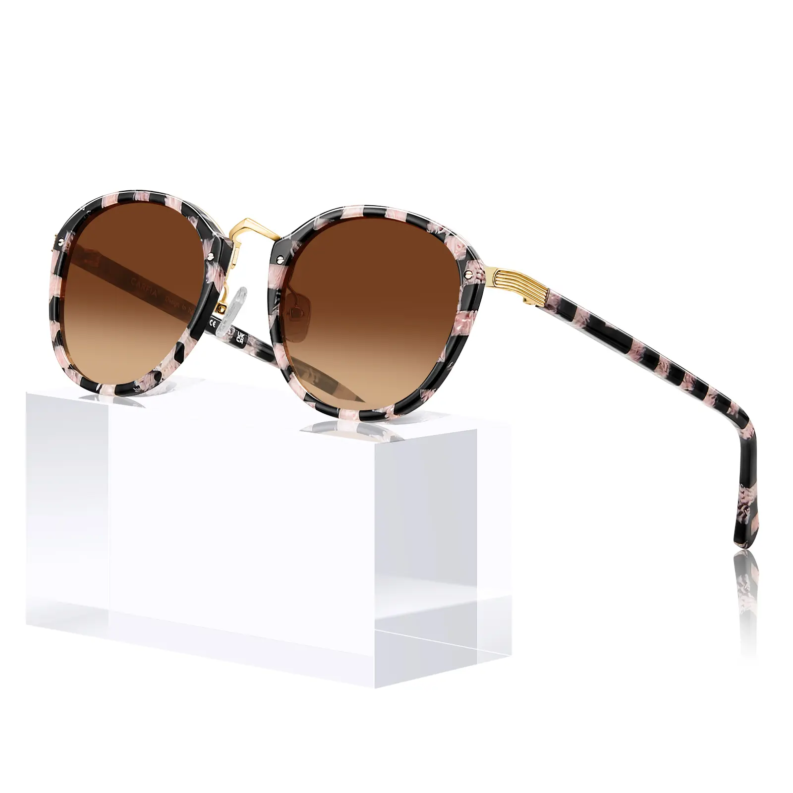 CARFIA Acetate Metal Bridge Polarized Women'S Sunglasses Retro Round UV400 | UV400 | Italy acetate, nickel-free metal brow, retro | Adjustable nose pads, lightweight comfort | Driving & gift-ready