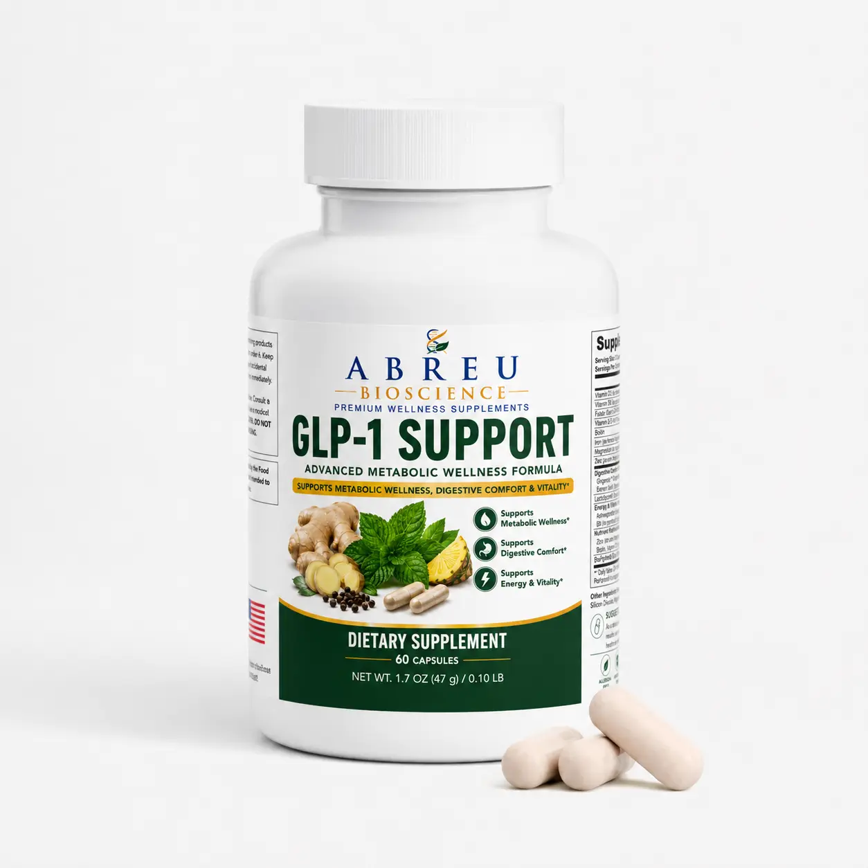 Abreu BioScience Glucagon Like Peptide-1 Nutritional Support Complex: Vitamins, Enzymes, and Digestive Comfort