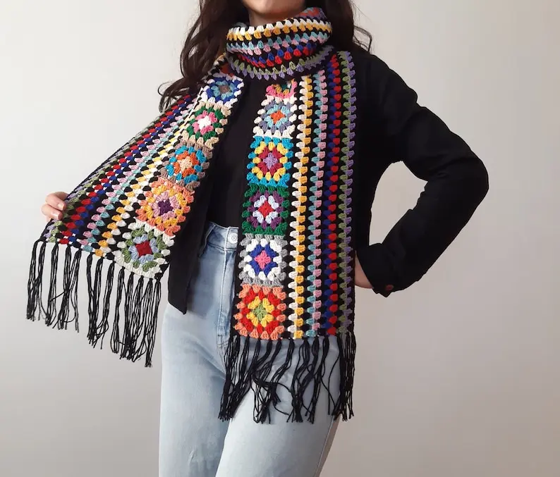 granny square scarf, crochet retro scarf, long winter scarf, knit long scarf, retro scarf, knit muffler, crochet woman scarf, gift for her