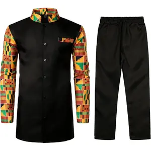 Men's Kente Print Suit Long Sleeve Button up African Dashiki Shirt and Pants Ethnic 2 Piece Outfit Elastic Menswear