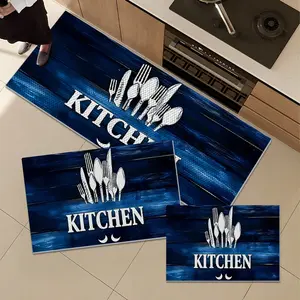1/2/3pcs Blue Kitchen Rugs, Retro Letter "KITCHEN" Decorative Floor Mat, 3D Pineapple Texture Anti-Slip Wear-Resistant Kitchen Carpet, Easy To Clean, Suitable For Bedroom, Living Room, Door, Bathroom Entrance, Laundry Room