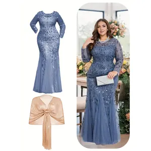 Plus Size Women's Sequin Embroidery Mermaid Hem Bodycon Dress with Shawl | Crew Neck Long Sleeves for Wedding Party Evening Prom Formal Womenswear