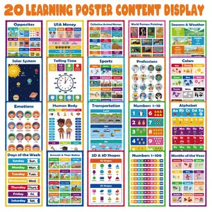 20-Piece Learning Education Posters Set, Kids Cognitive Early Teaching Aids, Cartoon English Alphabet Decorations, Classroom Supplies Charts, Suitable for Classroom & Room