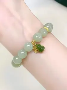 Natural Hetian Jade Gourd Pendant Bracelet for Women, Vintage New Chinese Style Luxurious Unique Hand Chain Jewelry