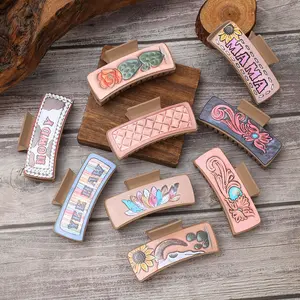 Western Style Letter Mom Cactus Sunflower Artificial Leather Handmade Hair Clip for Women Artistic Vintage Floral Design