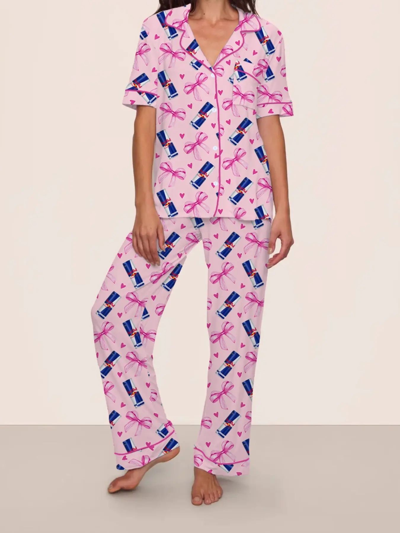 Bull Soda Drink Valentine's Day Women's Pajama Set Pjs, Short Sleeve Long Pants Two-Piece Sleepwear Loungewear Homewear, Casual Fitted Graphic Geometric for Fall & Winter