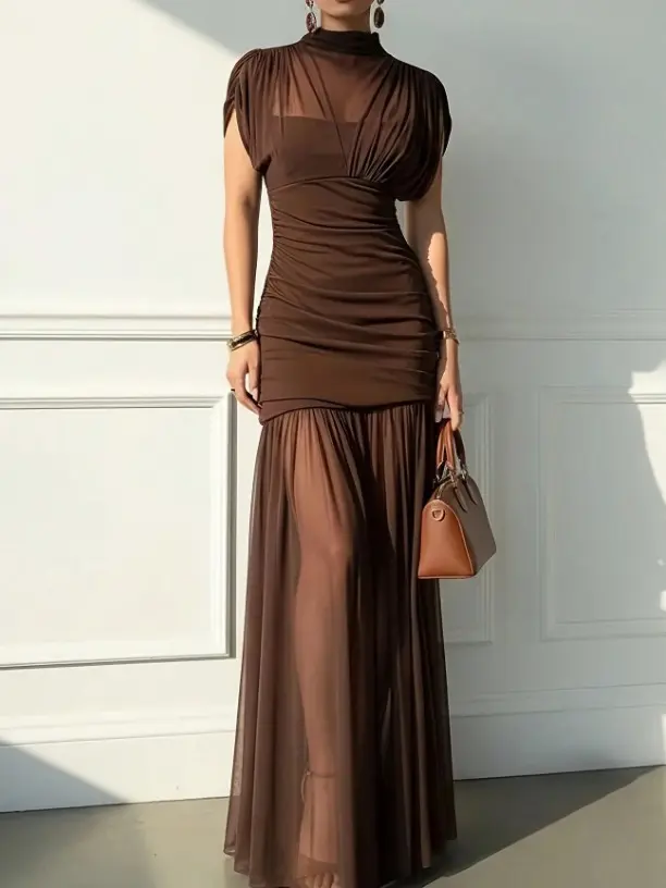 Solid Color Elegant Sexy Party Mesh Ruffle Splice Pleated Hem Dress, Suitable For Beach, Evening, Wedding, Birthday Party, Spring/Summer