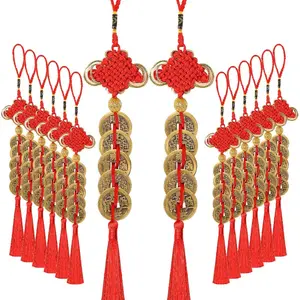 16PCS Richness Five-Dragon Coin Yellow Copper Coin Woven Pendant, Chinese New Year Lucky Coin Amulet, Chinese Knot Feng Shui Decorative Item, Hanging Pendant Decoration, Feng Shui Ornaments, For New Year Home Health Wealth Success