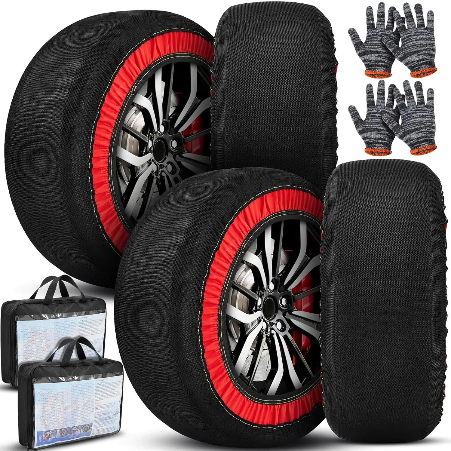 4 Pack Automotive Snow Socks for Tires Snow Socks Fabric Car Chains Easy to Install with 2 Pairs of Gloves Winter Car Accessories for Passenger Cars SUV Trucks Pickup Winter Emergency(L),