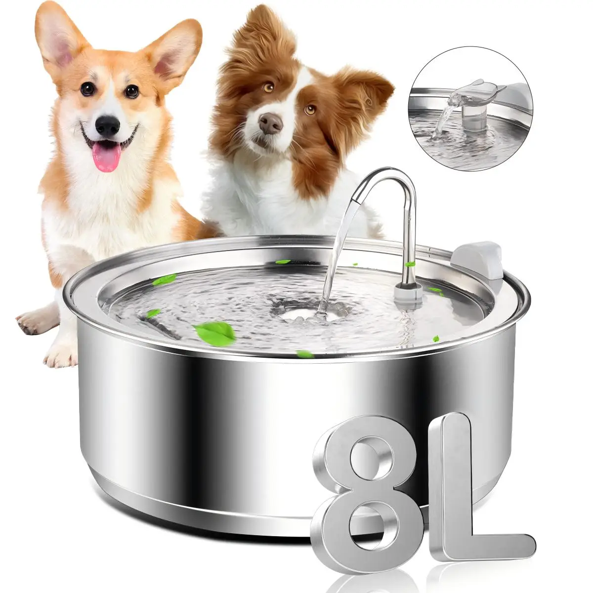 3/4/8L Stainless Steel Pet Water Fountain, Large Capacity Dog Water Fountain, Automatic Filtering Cat Water Fountain, Suitable for Multiple Pets