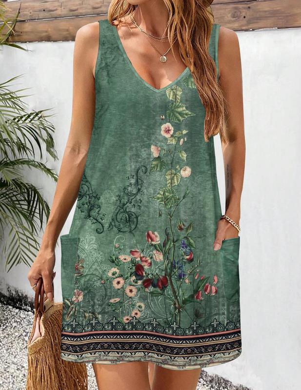 Women's Casual Sundress with Pockets Spring Summer Boho Beach Dress Floral T-Shirts Dress V Neck Loose Tank Dresses Flowy Swing A-Line Mini Dress Machine Washable Elegant Womenswear Thin Slightly translucent Sizes run small