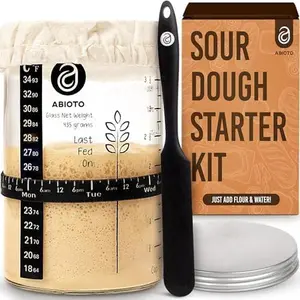 Abioto Sourdough Jar Kit 34 oz Glass Jar with Metallic Lid Silicone Spatula Feeding Tracker Extra Thermometer Strips Breathable Covers for Sourdough Bread Starter Kitchen Utensils Containers Tin Canister