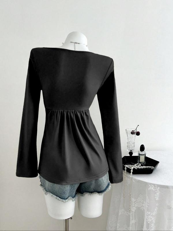 26 Valentine's Day Autumn/Winter Shot Pure Desire Style Casual Fashion Apricot Square Neck Chest Wrinkled Doll Shirt Long Sleeve Women's T-shirt