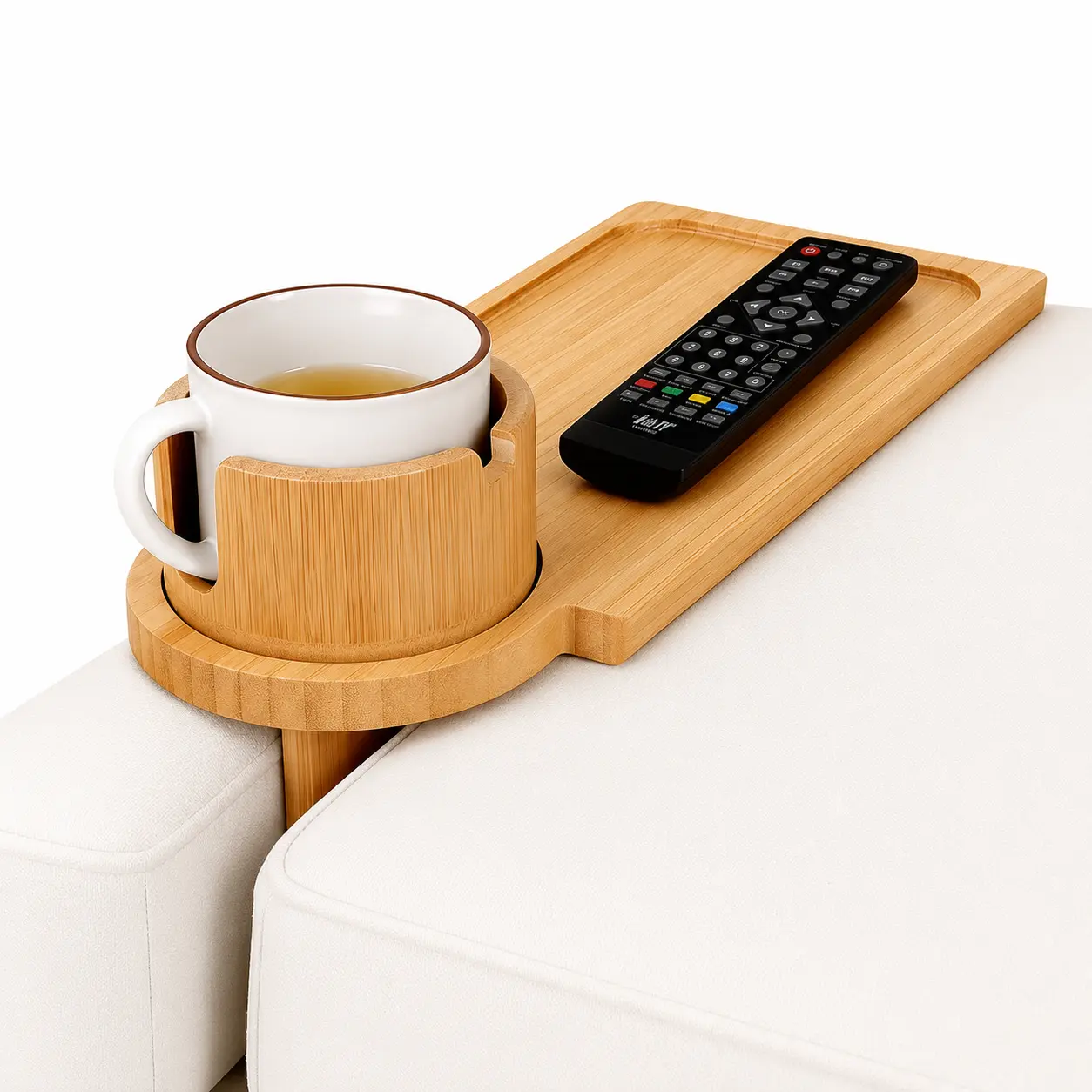 Acacia Wood Spring-Loaded Sofa Armrest Table, 3-in-1 Clip-On Couch Tray with Cup Holder & 360° Rotating Phone Holder, Stable Snack Table for Sofa, Recliner, TV Watching and Home Use