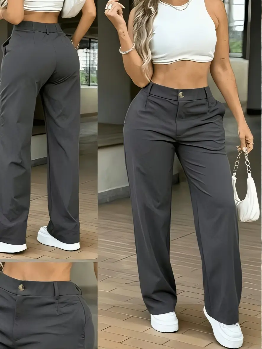 High-waisted buttoned wide-leg pants in European and American style, featuring a slimming and flowing silhouette, suitable for both work and leisure occasions, and paired with straight-leg suit trousers.