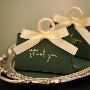 Tiny Green Party Favoring Party Gift Boxes with Wood Ring and Cream Ribbon - Triangular (Set of 12)