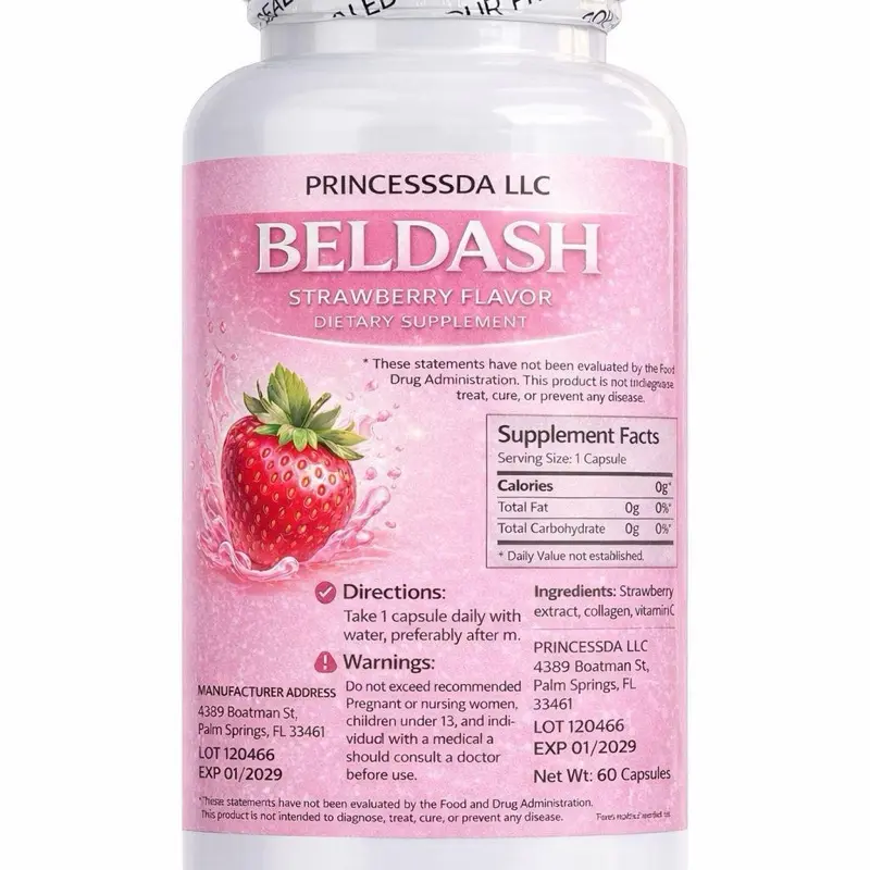 Princesssda LLC Beldash Strawberry Flavor Dietary Supplement 60 Capsules Strawberry Extract Collagen Vitamin